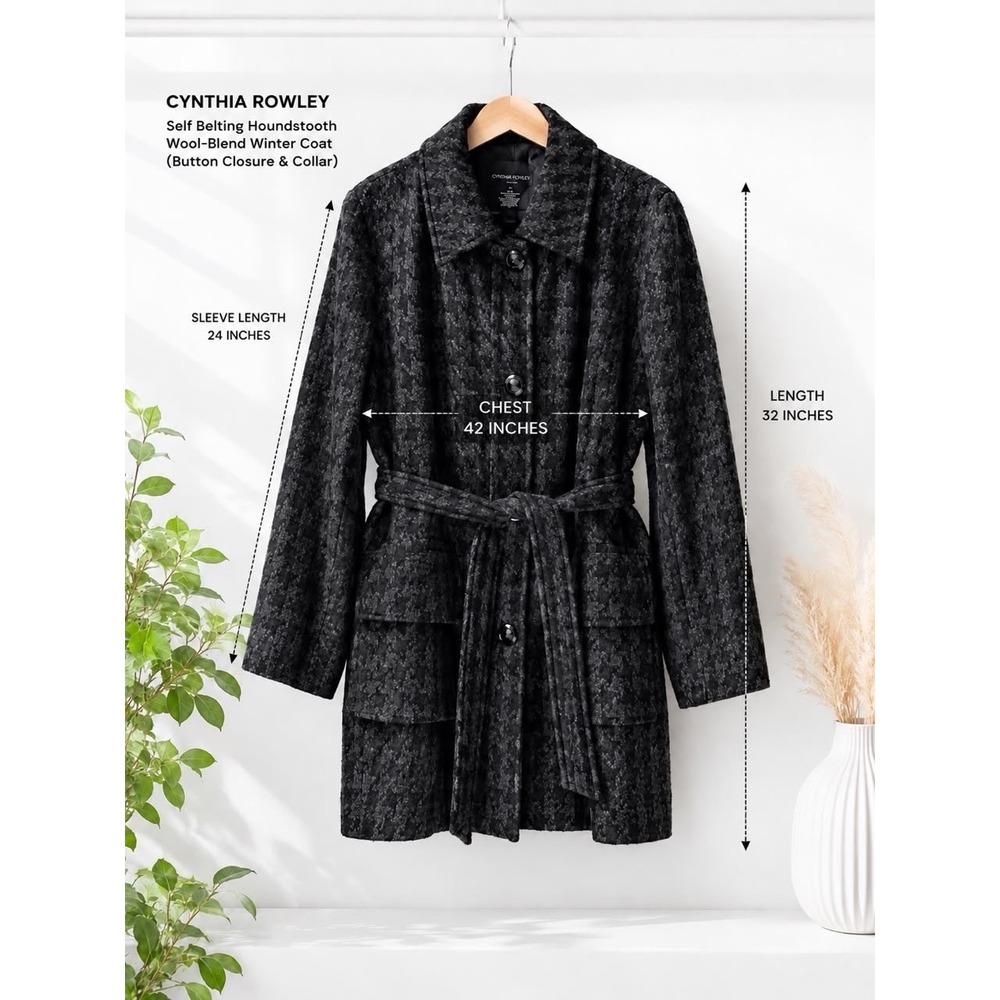 Cynthia Rowley Women's Black Houndstooth Wool Blend Belted Winter Coat Jacket - Picture 4 of 10